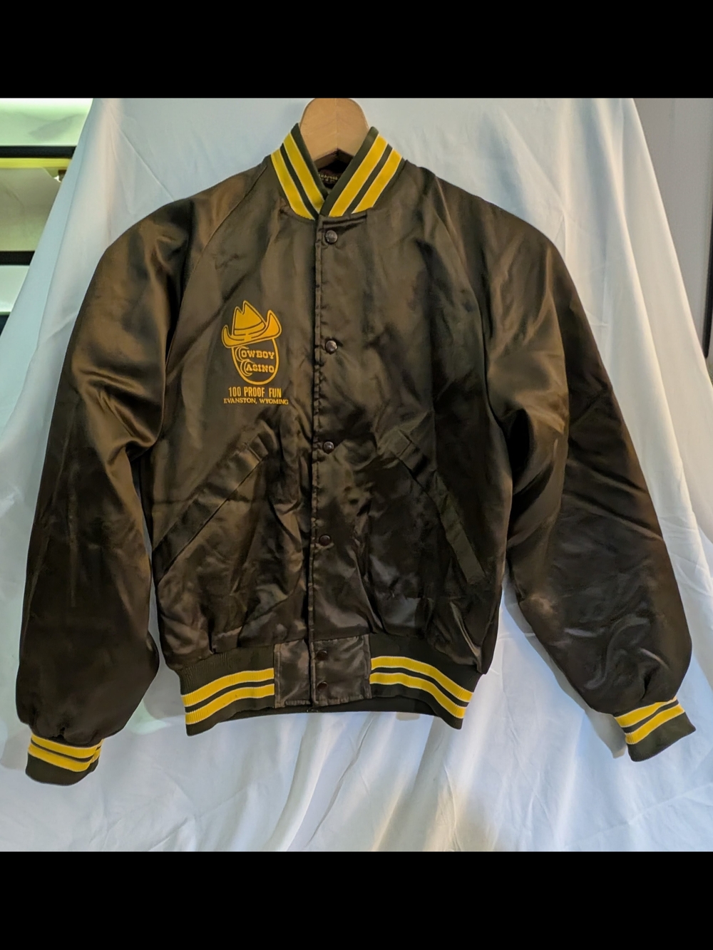 VintageDunbrooke Cowboy Casino Brown Satin Bomber Jacket with Yellow Trim
